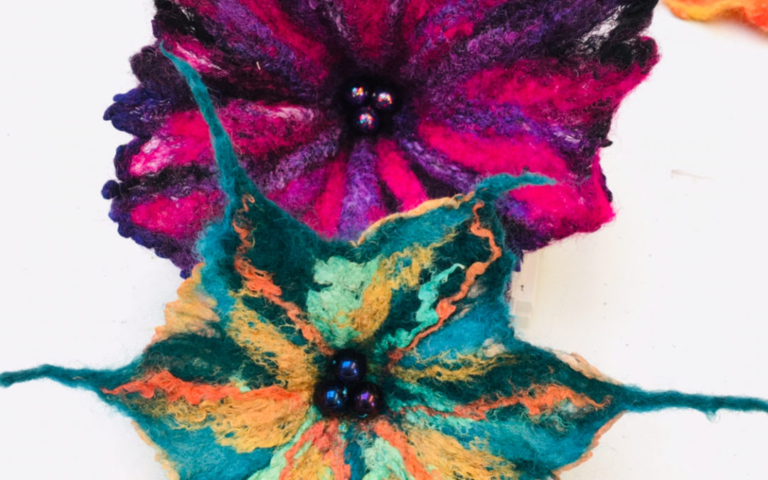 Wet Felted Silk Flower Brooches